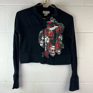 MKM Designs Cropped Black Zip up Y2K Skull Floral Graphic, Medium